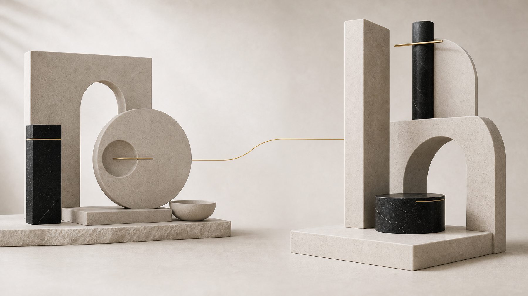 Dos esculturas de piedra unidas por un hilo dorado: los sistemas de la empresa, conectados